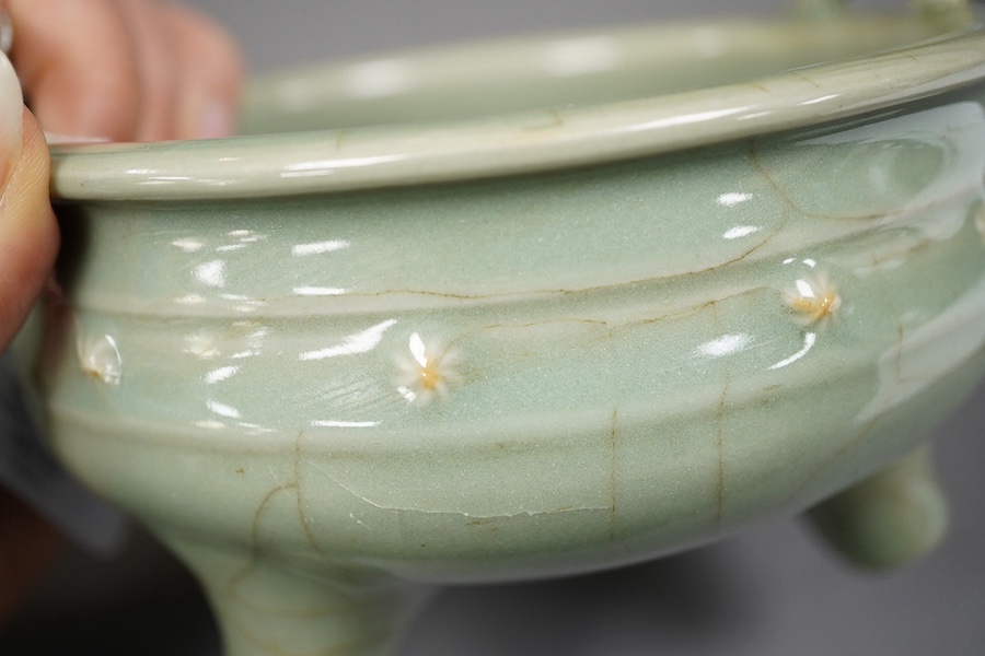 A Chinese Longquan celadon crackle glazed tripod censer, Ming dynasty or later